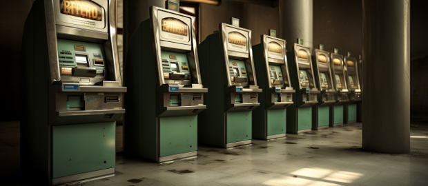 rząd starych, niebieskich bankomatów