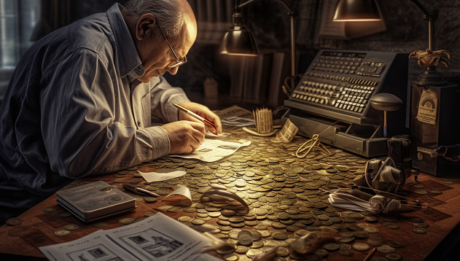 mężczyzna siedzi przy biurku pełnym monet