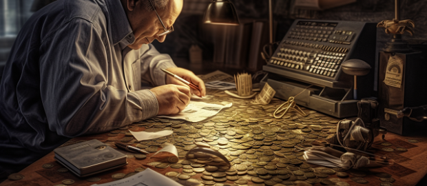 mężczyzna siedzi przy biurku pełnym monet