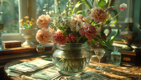 pieniądze obok wazonu z kwiatami